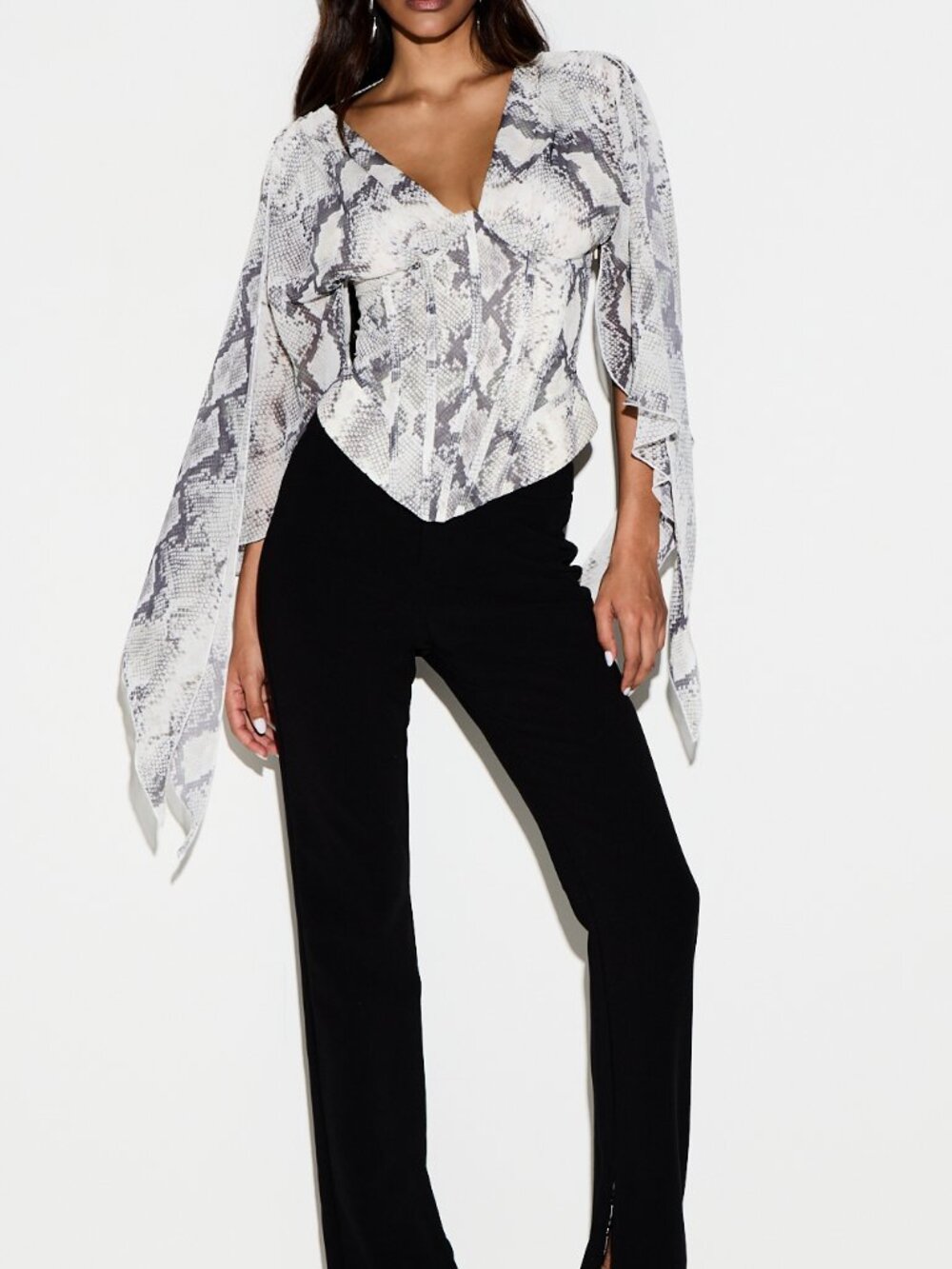 Dark Grey Elegant Women's Sheer Ruffle Asymmetrical Batwing V-Neck Corset Top - Picture 2 of 5